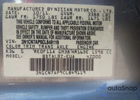 2012 Nissan Versa 1.6 Sv from USA, damaged, VIN 3N1CN7AP9CL849119